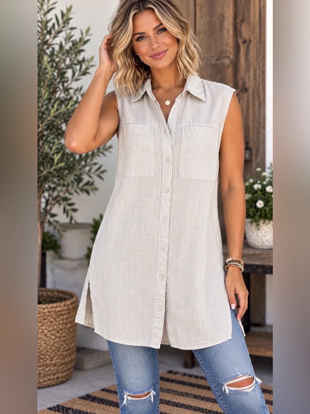 H&M Sleeveless Button-Front Long Tunic Top - Cream